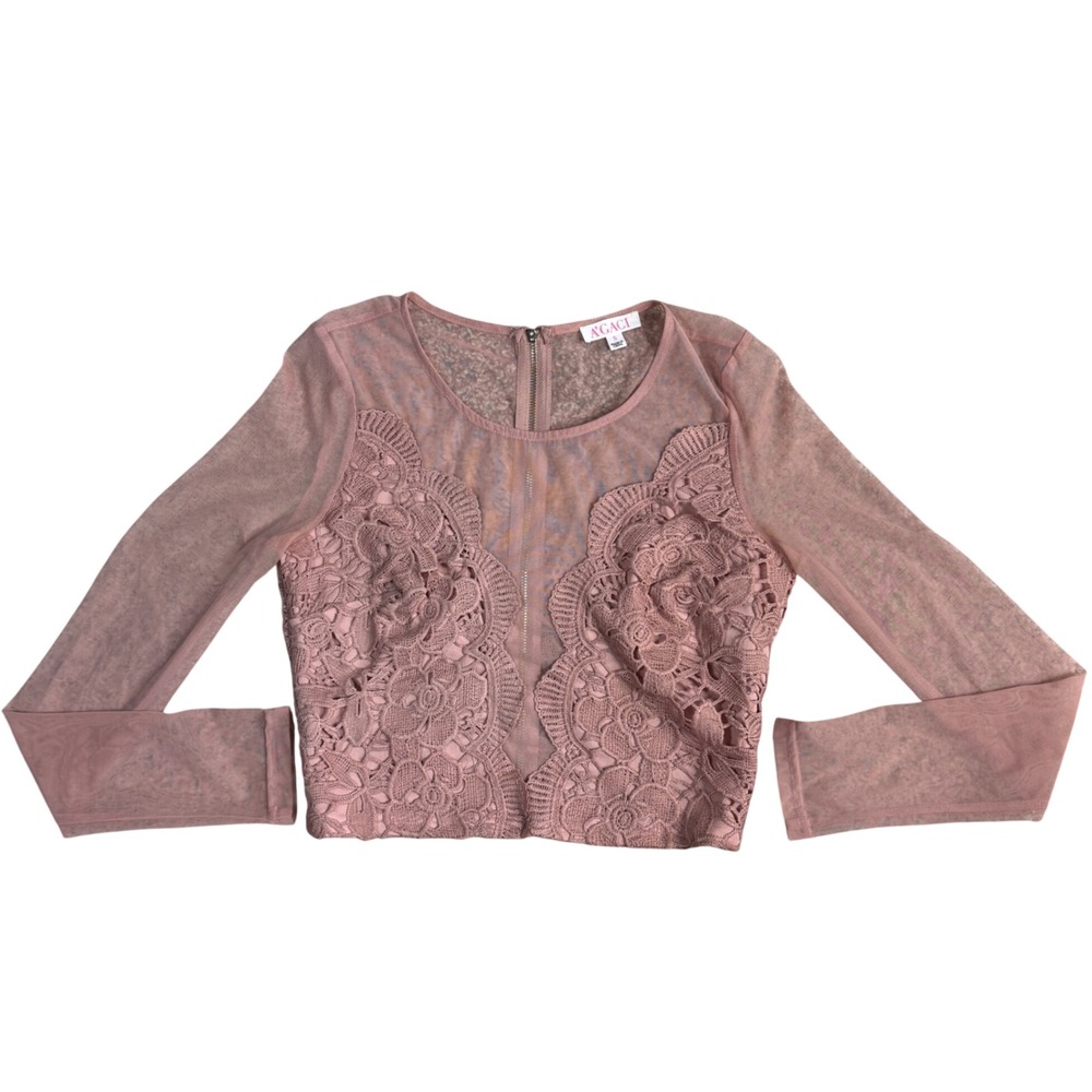 Y2K A'GACI Dusty Rose Mauve Floral Lace Sheer Mesh Long Sleeve‎ Crop Top S Rave